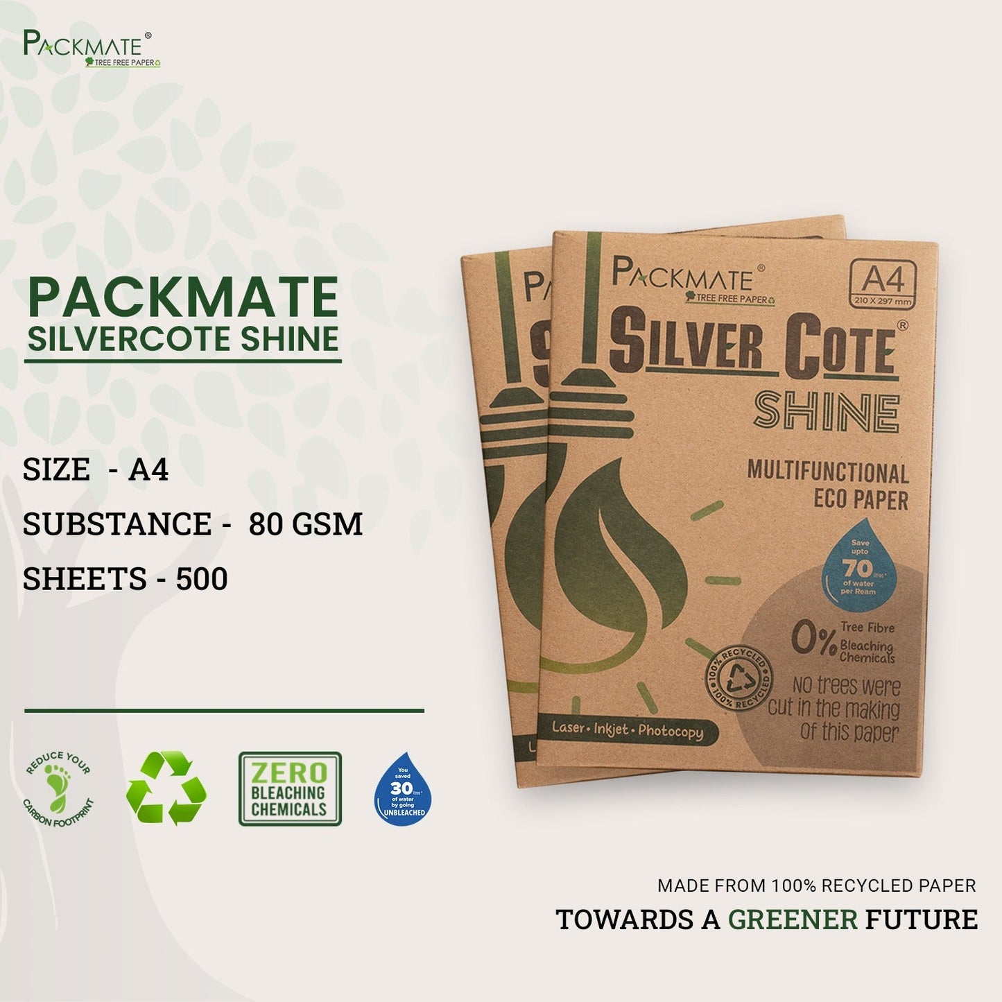 Packmate Silvercote Shine White A4 Copier, 500 Sheets | Made From 100% Recycled Paper