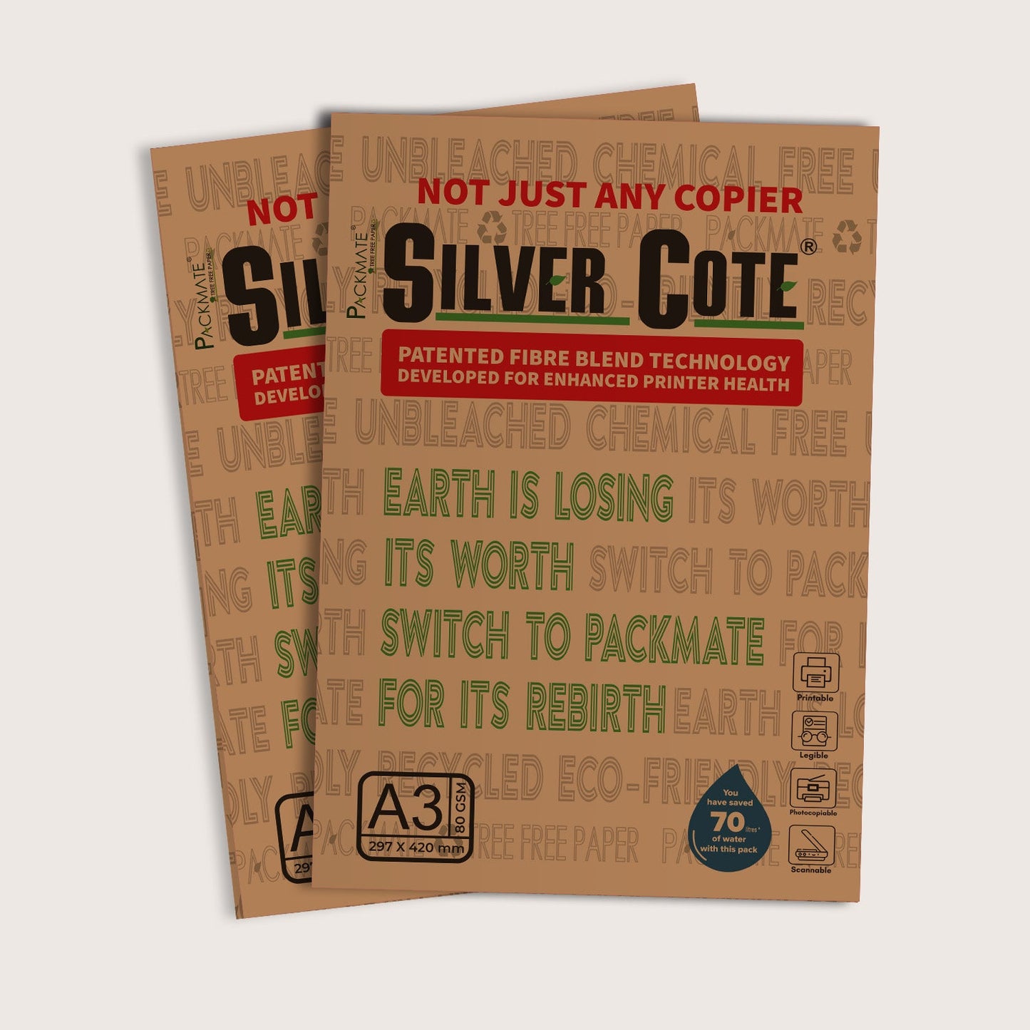 Packmate Silvercote Copier - A3, 1 Ream, 500 Sheet (Not Bright White) | Made From 100% Recycled Paper