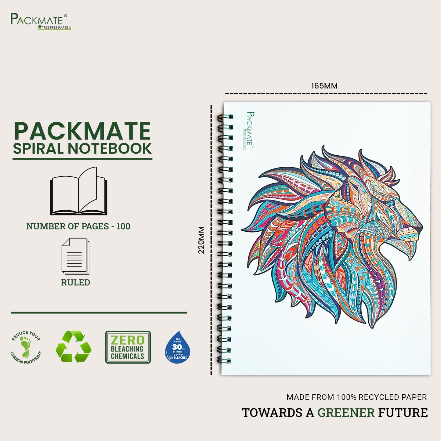 Packmate Zentangle Art Spiral Notebook (Lion Design) - Ruled (Pack of 3) Made From 100% Recycled Paper