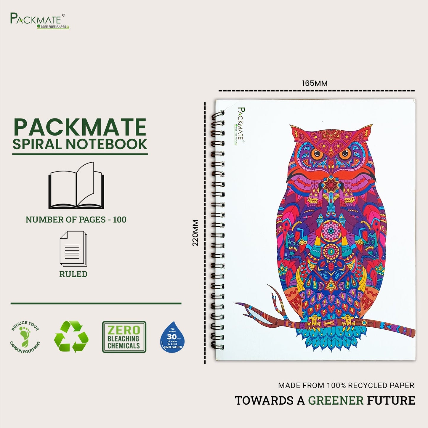 Packmate Zentangle Art Spiral Notebook (Owl Design) - Ruled (Pack of 3) Made From 100% Recycled Paper