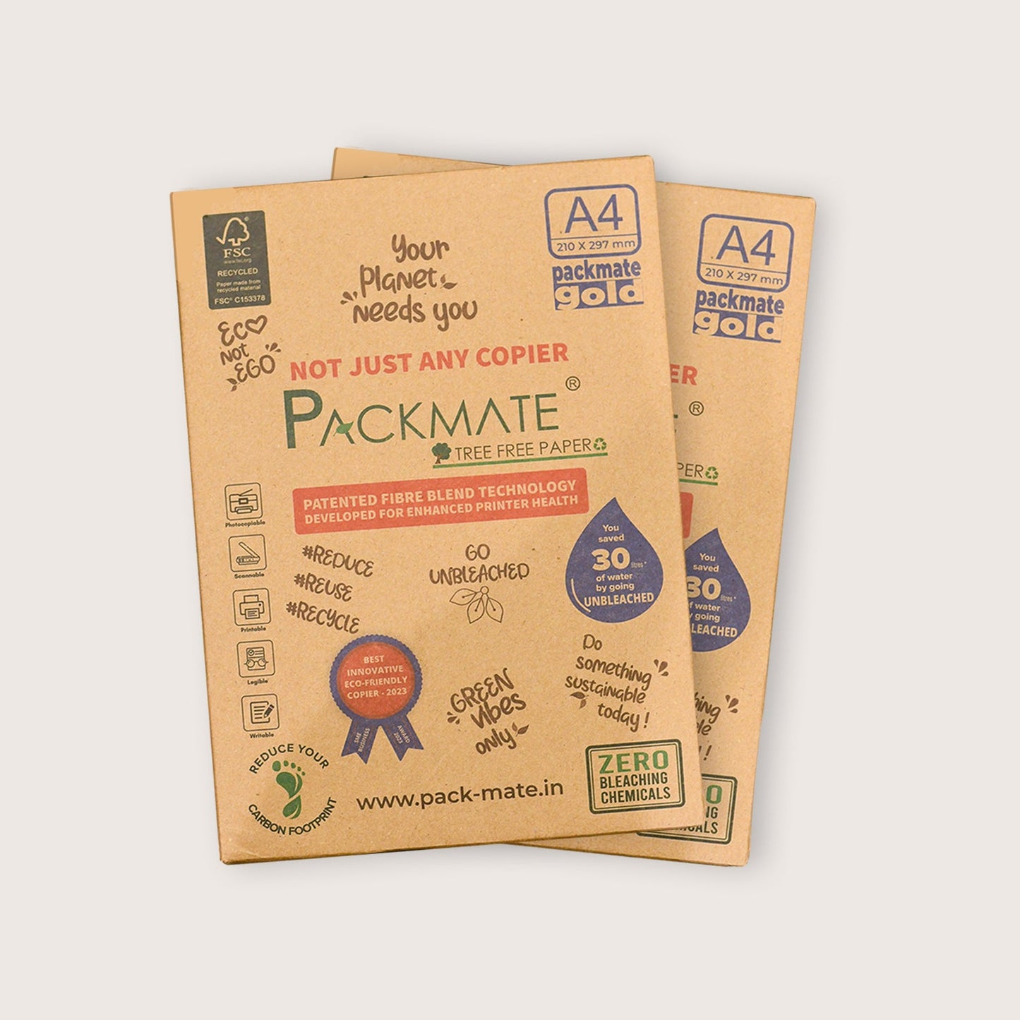 Packmate Gold A4 Paper Ream (500 Sheets) (Not Bright White) | Eco-Friendly 100% Recycled Copier Paper | Smooth, Durable, and Affordable for Sustainable Printing