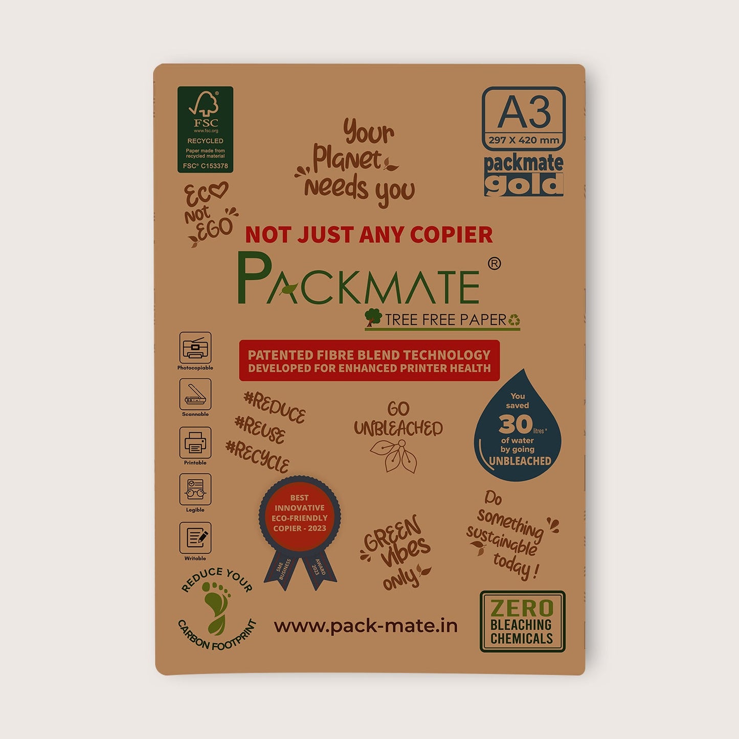 Packmate Gold Copier - A3, 1 Ream, 500 Sheet (Not Bright White) | Made From 100% Recycled Paper