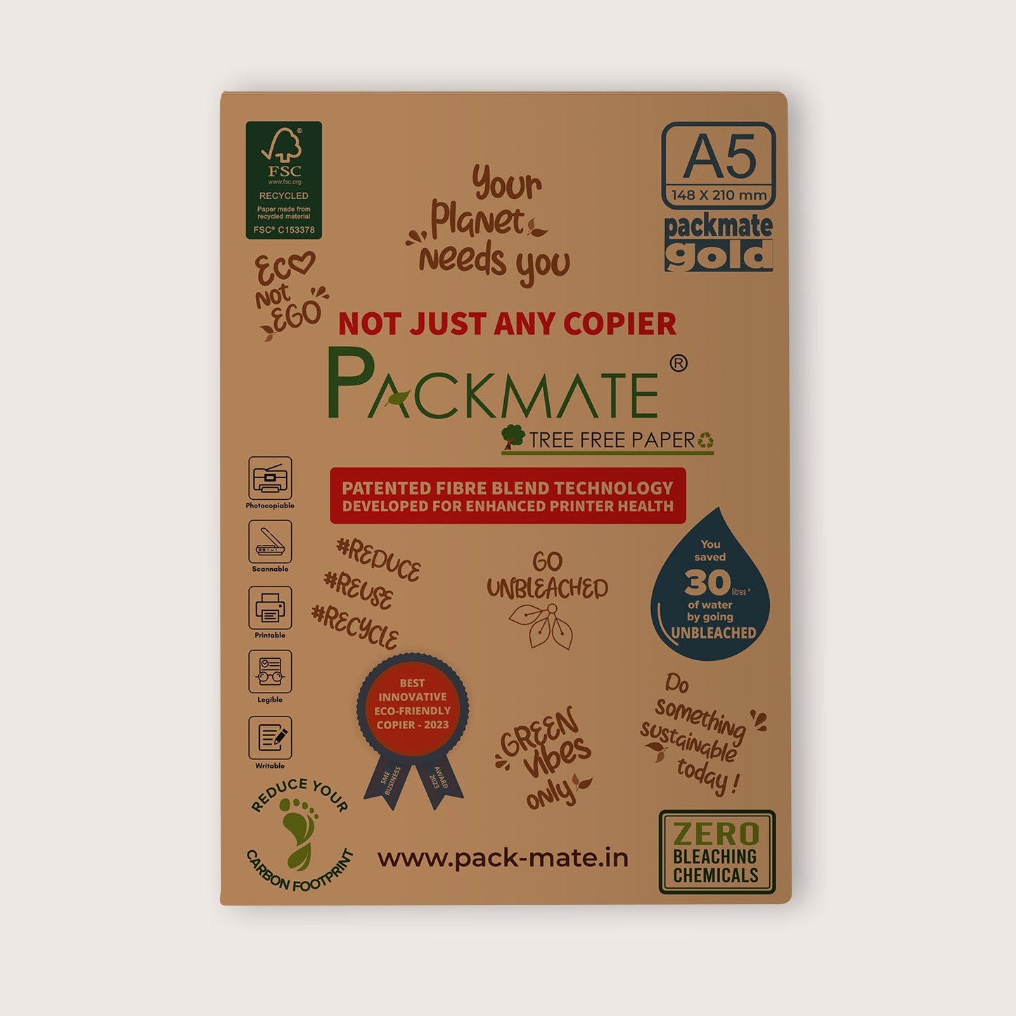 Packmate Gold Copier - A5, 1 Ream, 500 Sheet (Pack of 2) (Not Bright White) Made From 100% Recycled Paper