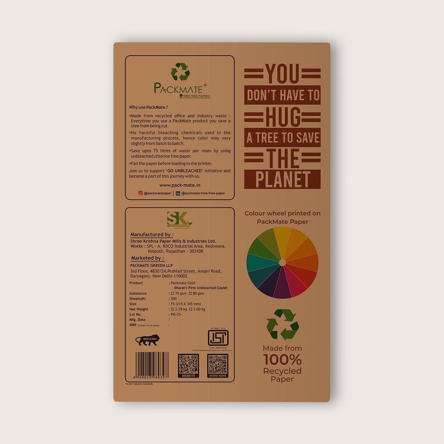 Packmate Gold Copier - FS, 1 Ream, 500 Sheet (Not Bright White) | Made From 100% Recycled Paper