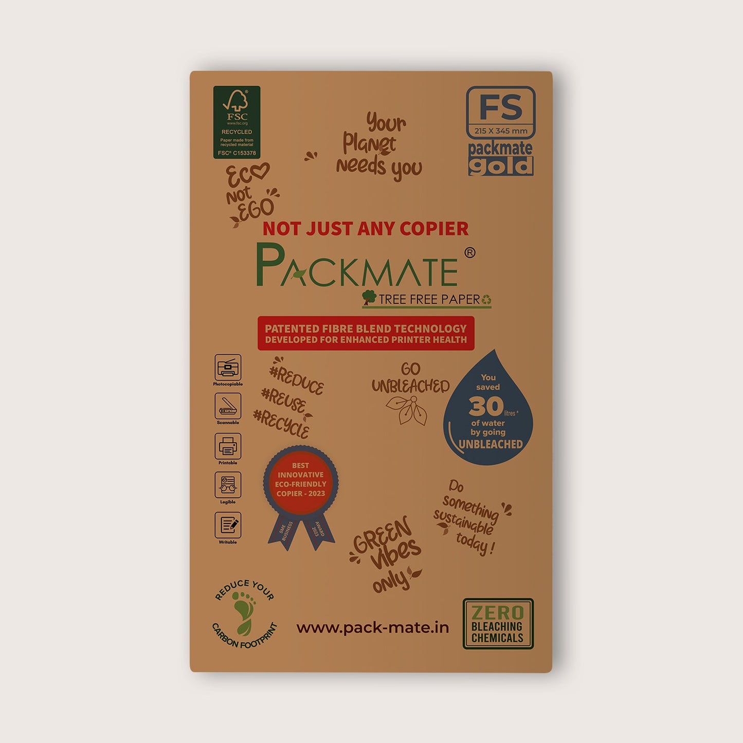 Packmate Gold Copier - FS, 1 Ream, 500 Sheet (Not Bright White) | Made From 100% Recycled Paper