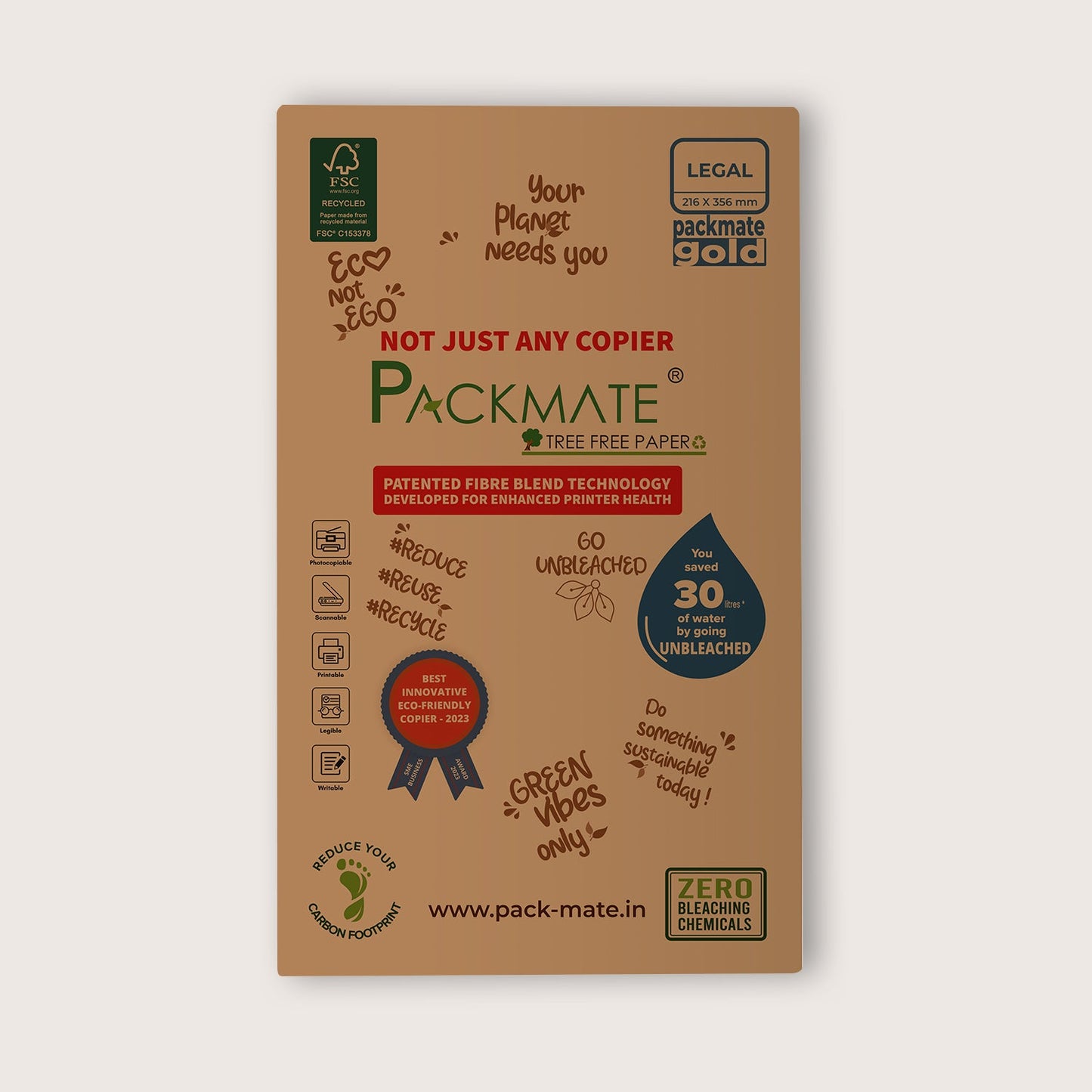 Packmate Gold Copier - Legal,1 Ream, 500 Sheet (Not Bright White) | Made From 100% Recycled Paper