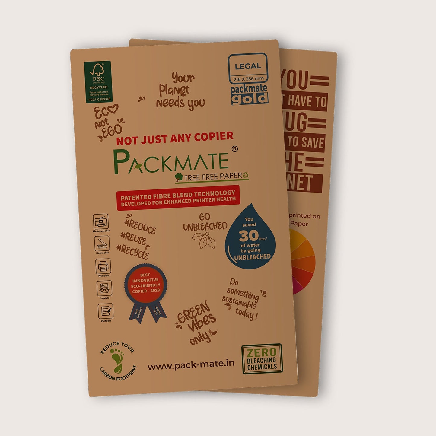 Packmate Gold Copier - Legal,1 Ream, 500 Sheet (Not Bright White) | Made From 100% Recycled Paper