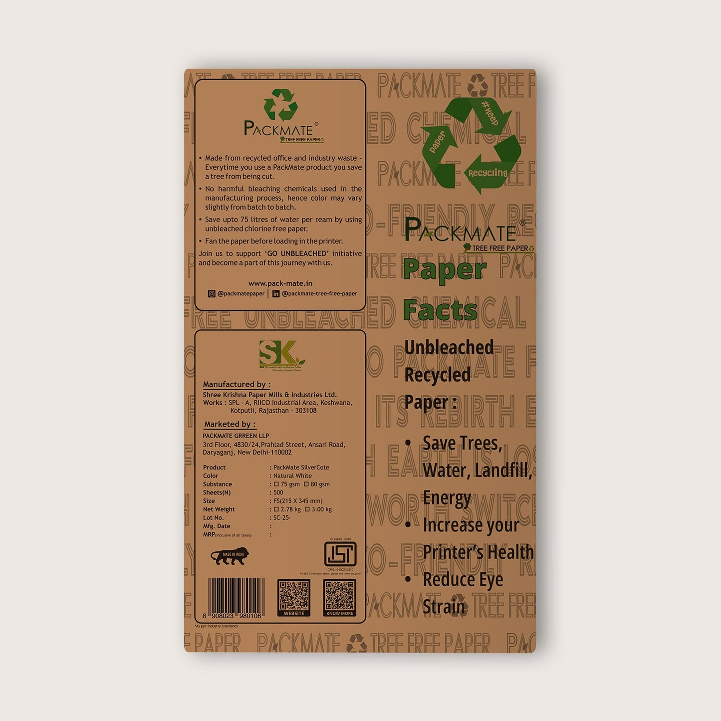 Packmate Silvercote Copier - FS, 1 Ream, 500 Sheet (Not Bright White) | Made From 100% Recycled Paper