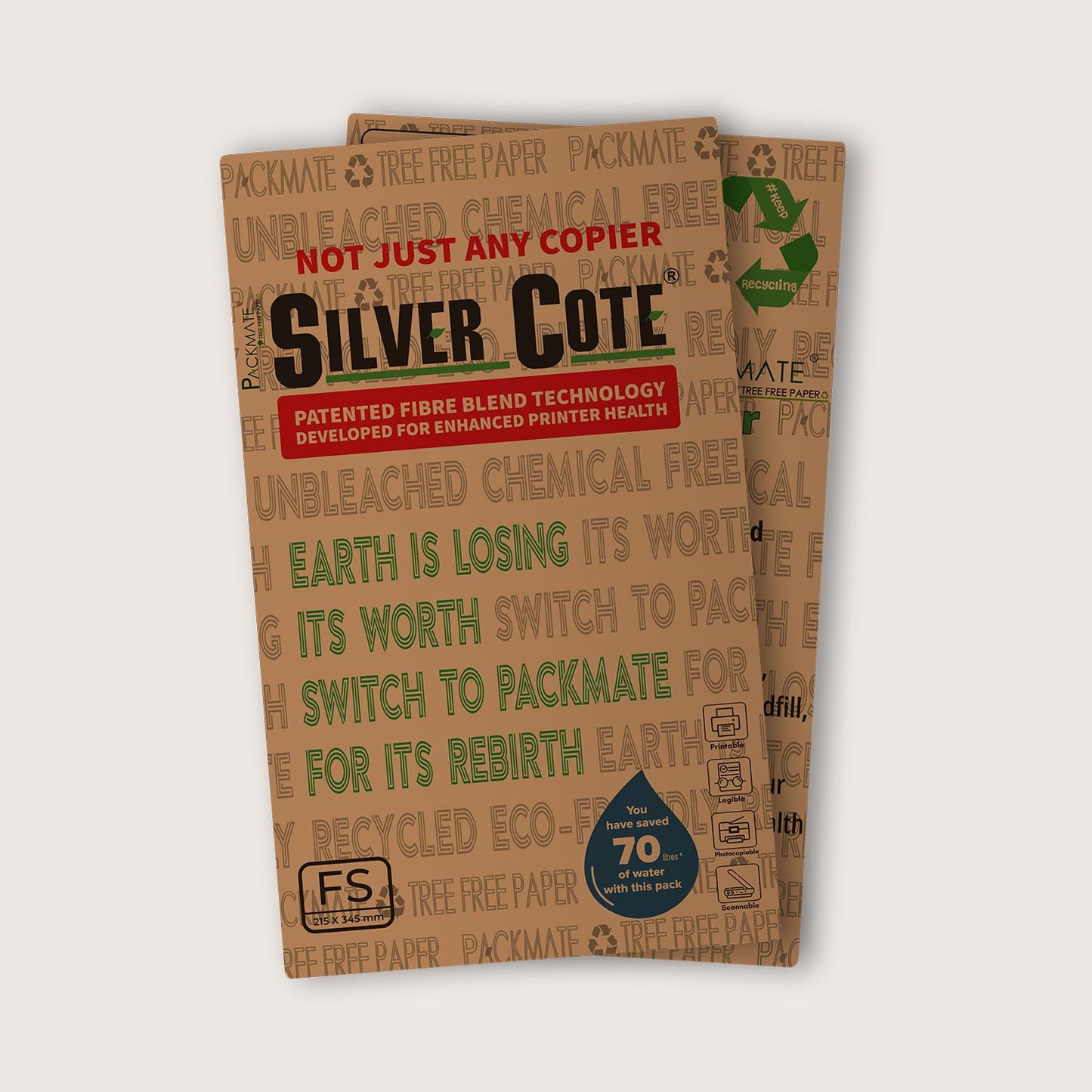 Packmate Silvercote Copier - FS, 1 Ream, 500 Sheet (Not Bright White) | Made From 100% Recycled Paper