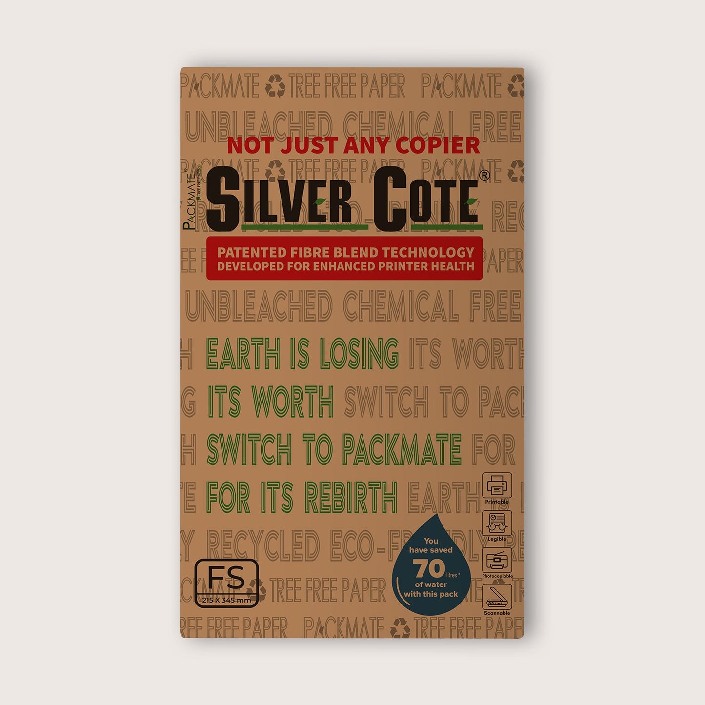 Packmate Silvercote Copier - FS, 1 Ream, 500 Sheet (Not Bright White) | Made From 100% Recycled Paper
