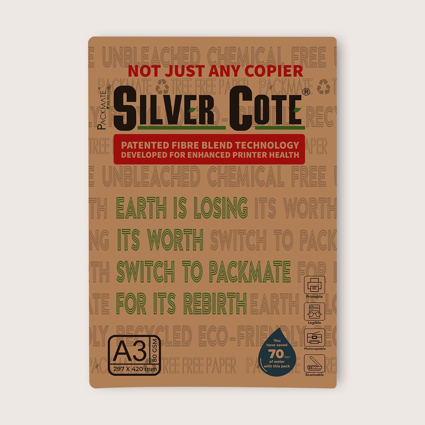 Packmate Silvercote Copier - A3, 1 Ream, 500 Sheet (Not Bright White) | Made From 100% Recycled Paper
