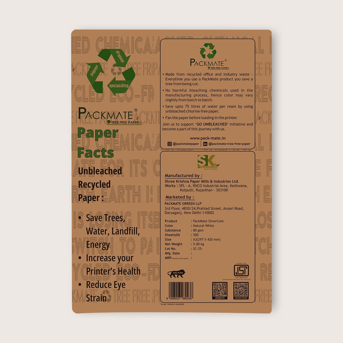 Packmate Silvercote Copier - A3, 1 Ream, 500 Sheet (Not Bright White) | Made From 100% Recycled Paper