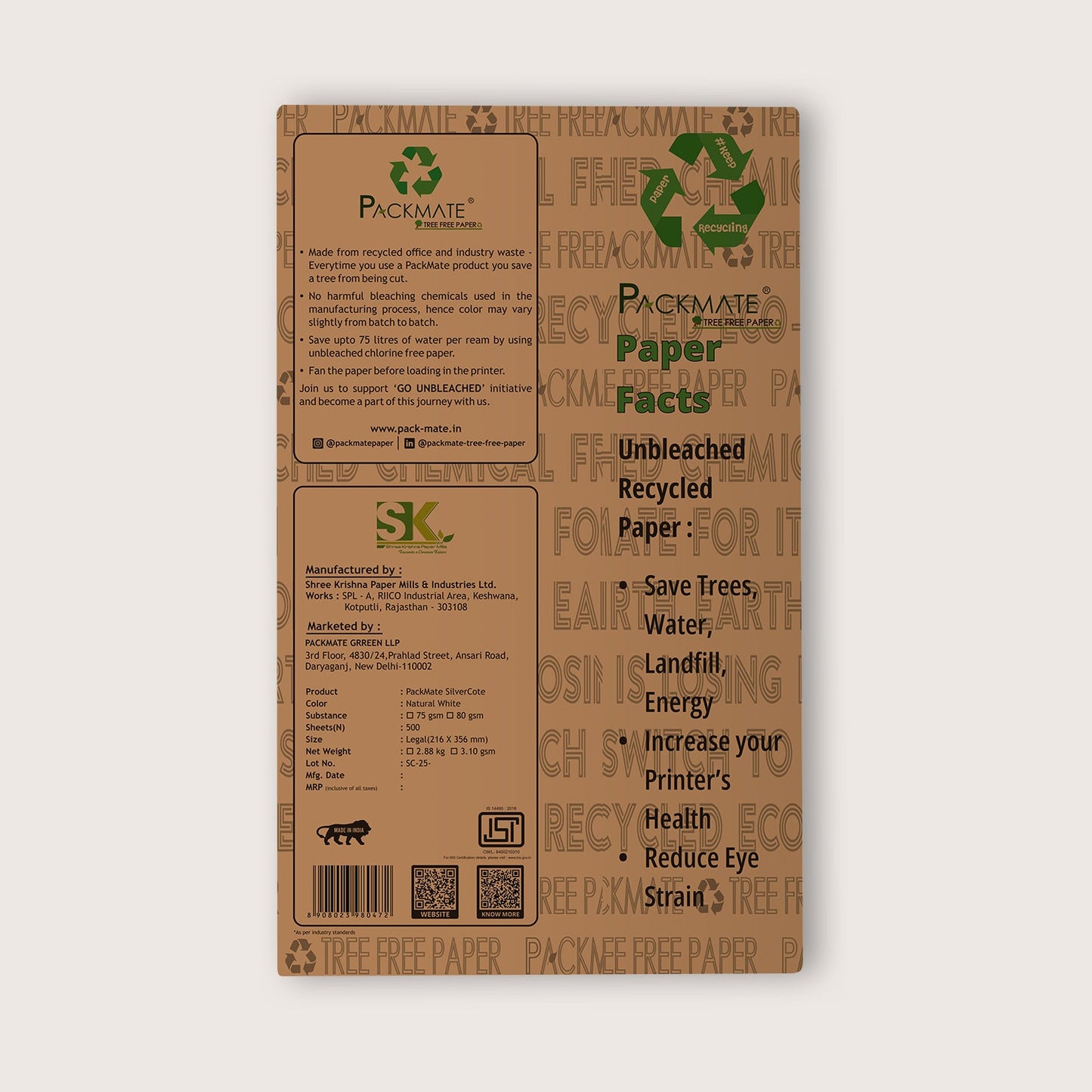 Packmate Silvercote Copier - Legal,1 Ream, 500 Sheet (Not Bright White) | Made From 100% Recycled Paper
