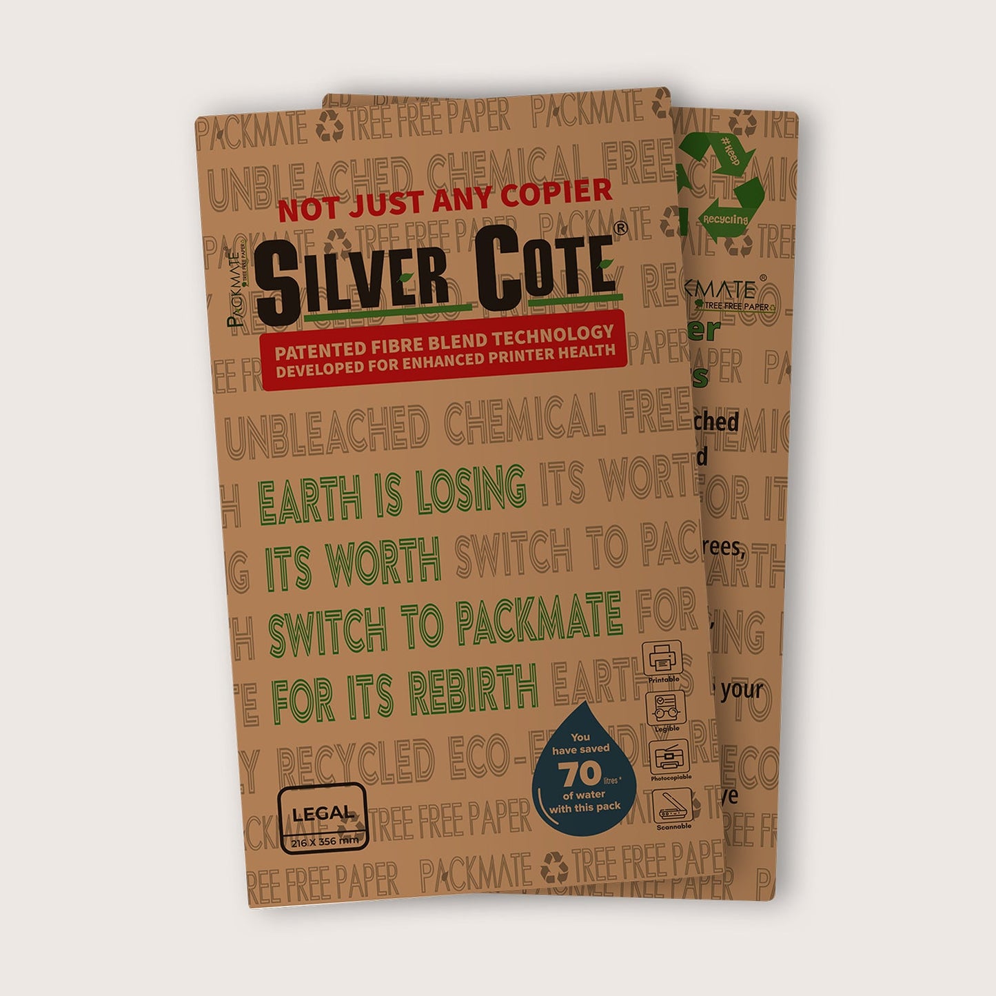 Packmate Silvercote Copier - Legal,1 Ream, 500 Sheet (Not Bright White) | Made From 100% Recycled Paper