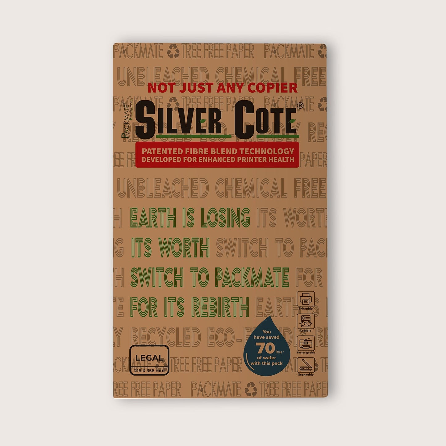 Packmate Silvercote Copier - Legal,1 Ream, 500 Sheet (Not Bright White) | Made From 100% Recycled Paper