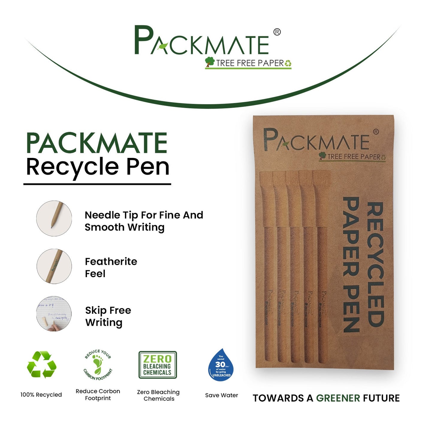 Packmate Recycled Paper Pens (Pack of 5) Made From 100% Recycled Paper