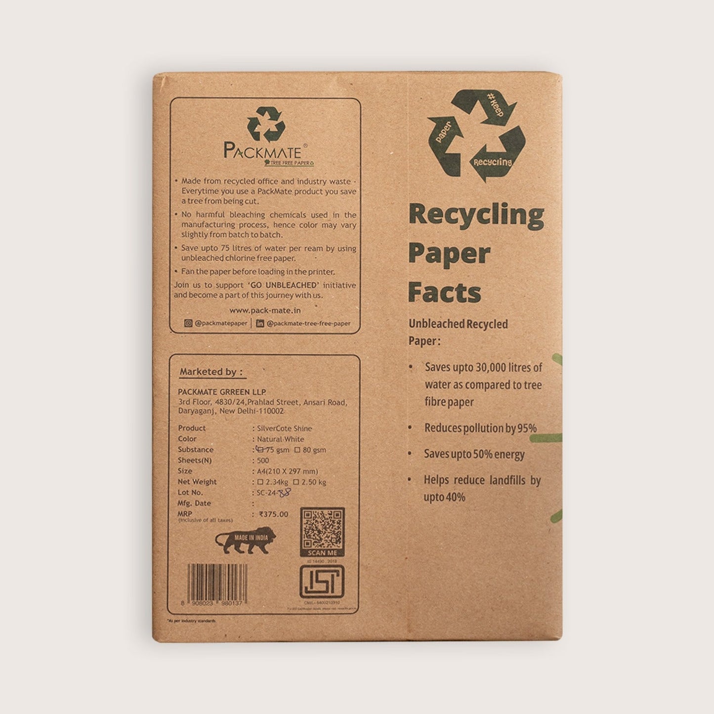 Packmate Silvercote Shine White A4 Copier, 500 Sheets  |  Made From 100% Recycled Paper